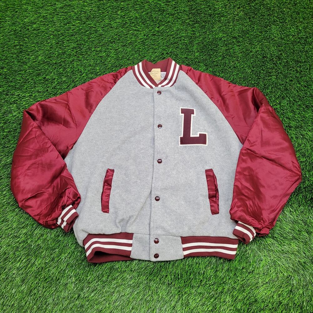 Vintage 80s Chalk-Line Varsity Jacket M/L 24x23 Sherpa-Lined Gray Maroon Retro